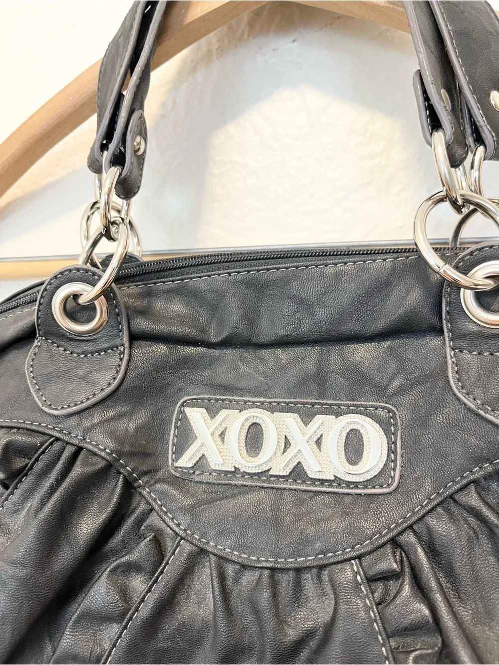 Vintage 90s Y2K Handbag Bag Black Faux Leather Hobo Ruffle XOXO